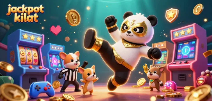 Experience big wins with jackpot kilat in this lively casino-themed illustration featuring adorable characters.