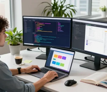 Software developer coding in dynamic workspace with kecak4d project elements showcasing innovation and productivity.