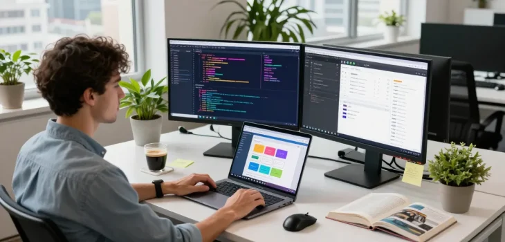 Software developer coding in dynamic workspace with kecak4d project elements showcasing innovation and productivity.